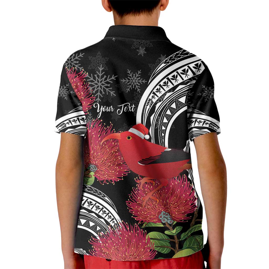 Personalized Mele Kalikimaka Hawaii Kid Polo Shirt I'iwi Bird With Ohia Lehua - Black Color LT14 - Polynesian Pride