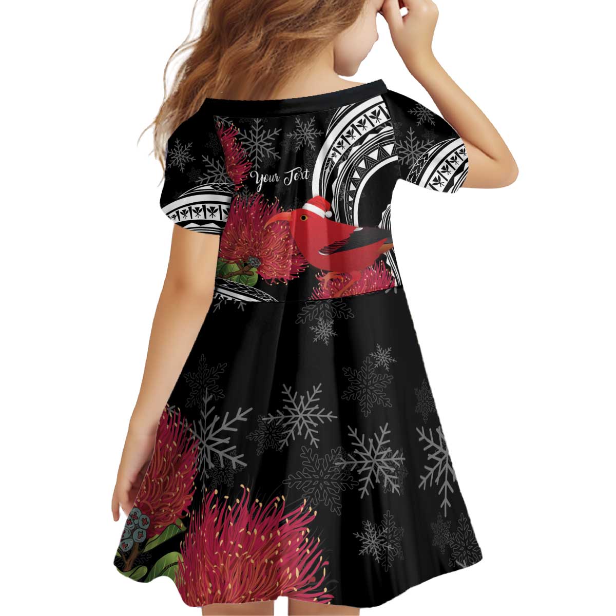 Personalized Mele Kalikimaka Hawaii Kid Short Sleeve Dress I'iwi Bird With Ohia Lehua - Black Color LT14 - Polynesian Pride