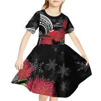 Personalized Mele Kalikimaka Hawaii Kid Short Sleeve Dress I'iwi Bird With Ohia Lehua - Black Color LT14 - Polynesian Pride