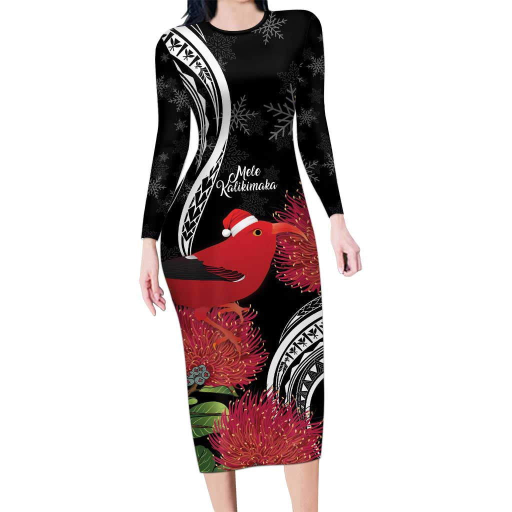 Personalized Mele Kalikimaka Hawaii Long Sleeve Bodycon Dress I'iwi Bird With Ohia Lehua - Black Color LT14 Long Dress Black - Polynesian Pride