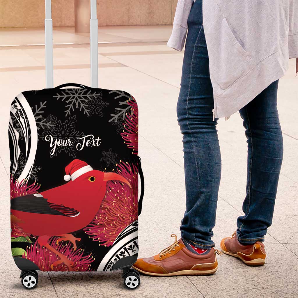 Personalized Mele Kalikimaka Hawaii Luggage Cover I'iwi Bird With Ohia Lehua - Black Color LT14 Black - Polynesian Pride