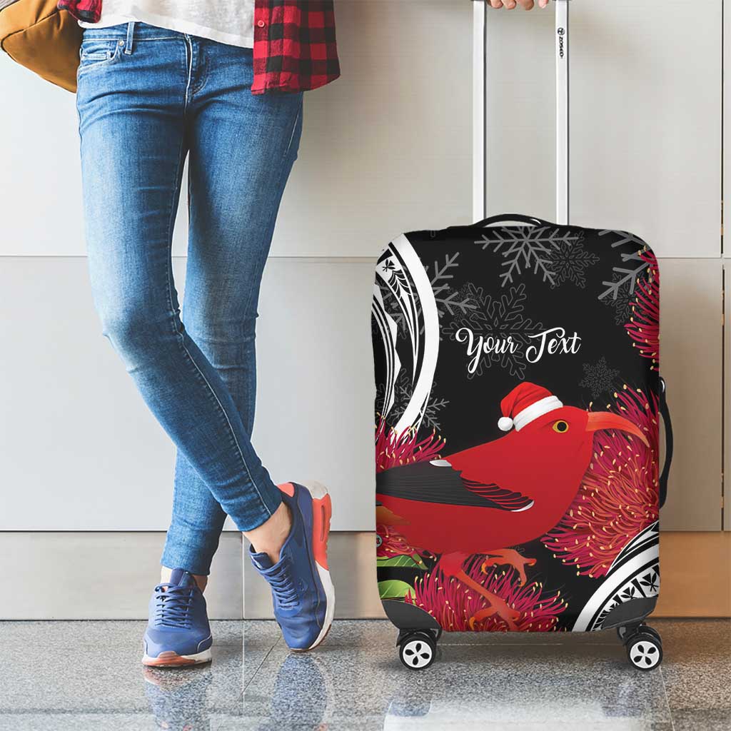 Personalized Mele Kalikimaka Hawaii Luggage Cover I'iwi Bird With Ohia Lehua - Black Color LT14 - Polynesian Pride