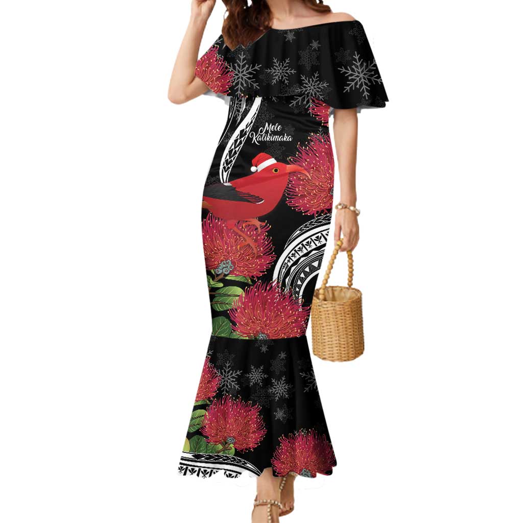 Personalized Mele Kalikimaka Hawaii Mermaid Dress I'iwi Bird With Ohia Lehua - Black Color LT14 Women Black - Polynesian Pride
