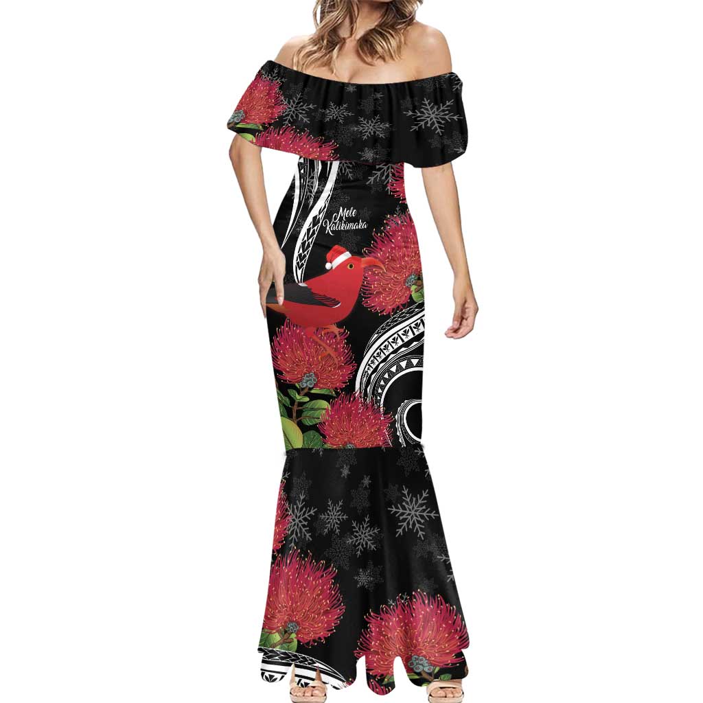 Personalized Mele Kalikimaka Hawaii Mermaid Dress I'iwi Bird With Ohia Lehua - Black Color LT14 - Polynesian Pride