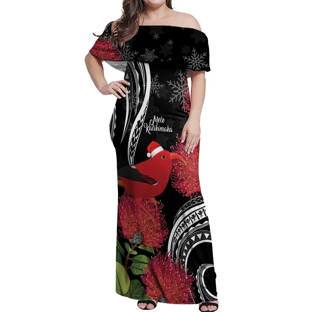 Personalized Mele Kalikimaka Hawaii Off Shoulder Maxi Dress I'iwi Bird With Ohia Lehua - Black Color LT14 Women Black - Polynesian Pride
