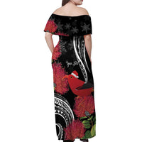 Personalized Mele Kalikimaka Hawaii Off Shoulder Maxi Dress I'iwi Bird With Ohia Lehua - Black Color LT14 - Polynesian Pride