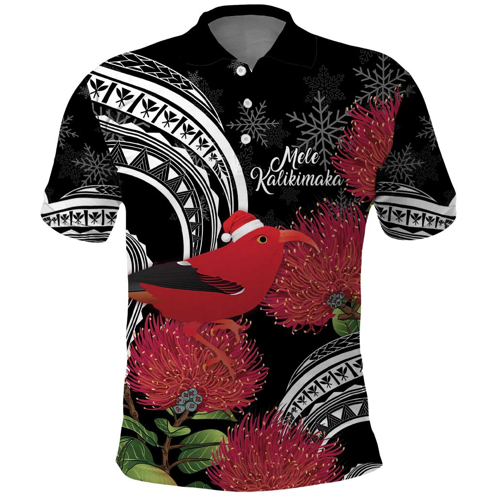 Personalized Mele Kalikimaka Hawaii Polo Shirt I'iwi Bird With Ohia Lehua - Black Color LT14 Black - Polynesian Pride