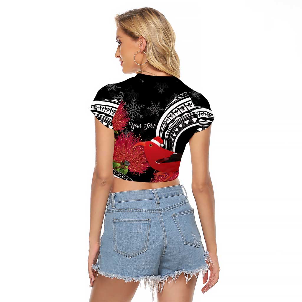 Personalized Mele Kalikimaka Hawaii Raglan Cropped T Shirt I'iwi Bird With Ohia Lehua - Black Color LT14 - Polynesian Pride