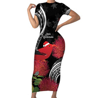Personalized Mele Kalikimaka Hawaii Short Sleeve Bodycon Dress I'iwi Bird With Ohia Lehua - Black Color LT14 Long Dress Black - Polynesian Pride