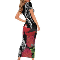 Personalized Mele Kalikimaka Hawaii Short Sleeve Bodycon Dress I'iwi Bird With Ohia Lehua - Black Color LT14 - Polynesian Pride