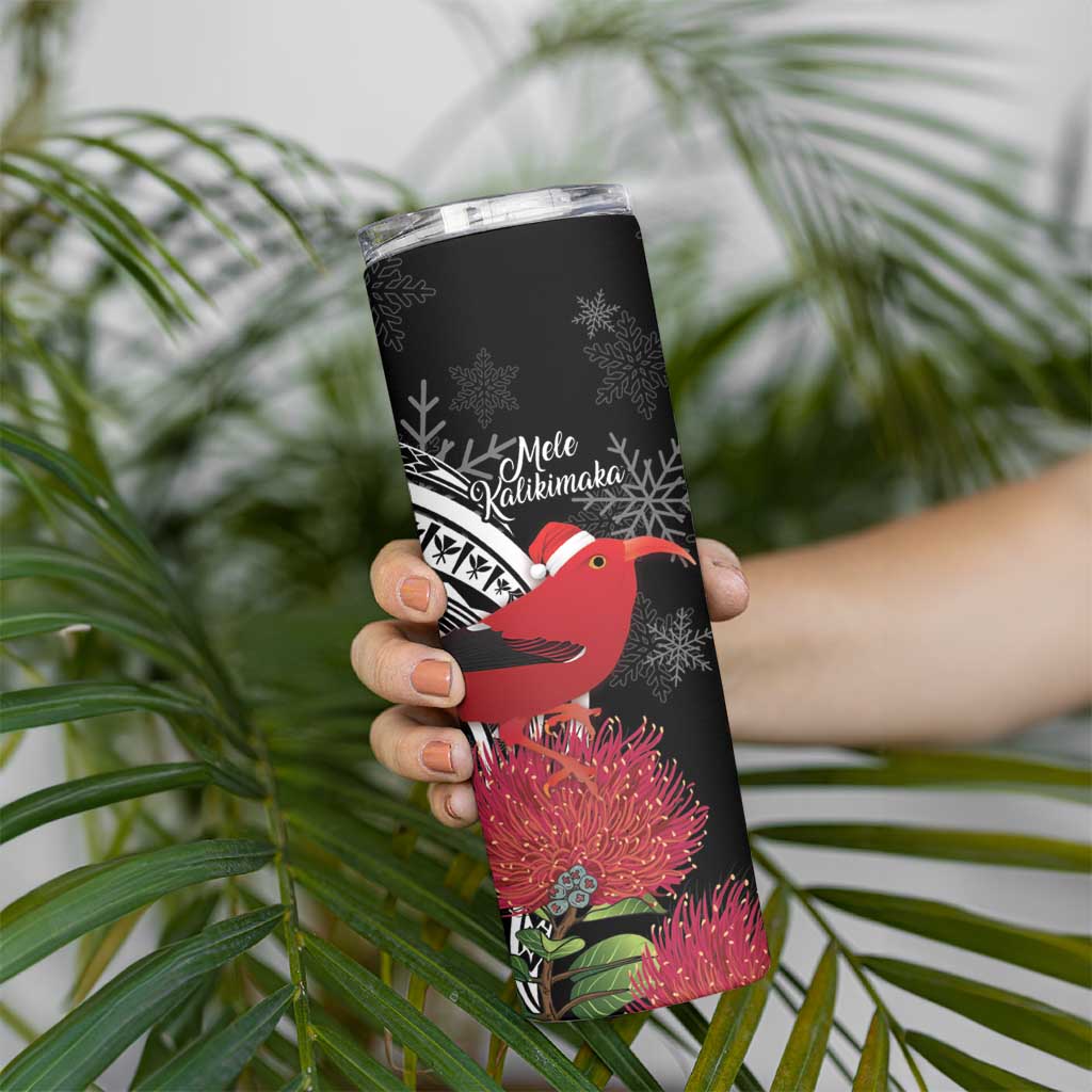 Personalized Mele Kalikimaka Hawaii Skinny Tumbler I'iwi Bird With Ohia Lehua - Black Color LT14 - Polynesian Pride