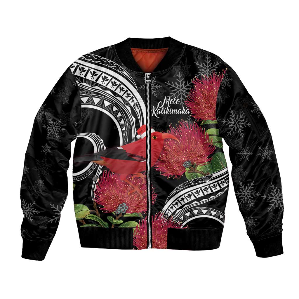 Personalized Mele Kalikimaka Hawaii Sleeve Zip Bomber Jacket I'iwi Bird With Ohia Lehua - Black Color LT14 Unisex Black - Polynesian Pride
