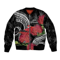Personalized Mele Kalikimaka Hawaii Sleeve Zip Bomber Jacket I'iwi Bird With Ohia Lehua - Black Color LT14 Unisex Black - Polynesian Pride