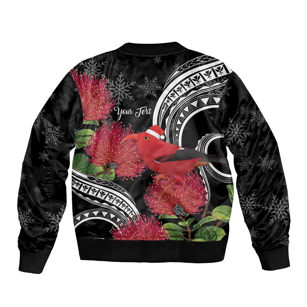 Personalized Mele Kalikimaka Hawaii Sleeve Zip Bomber Jacket I'iwi Bird With Ohia Lehua - Black Color LT14 - Polynesian Pride