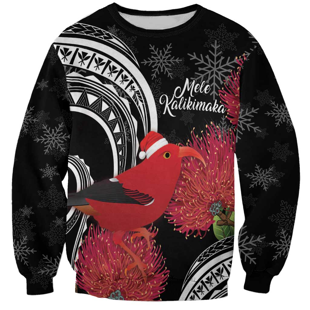 Personalized Mele Kalikimaka Hawaii Sweatshirt I'iwi Bird With Ohia Lehua - Black Color LT14 Unisex Black - Polynesian Pride