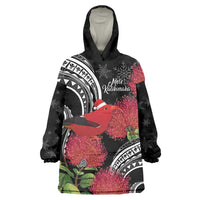 Personalized Mele Kalikimaka Hawaii Wearable Blanket Hoodie I'iwi Bird With Ohia Lehua - Black Color LT14 One Size Black - Polynesian Pride