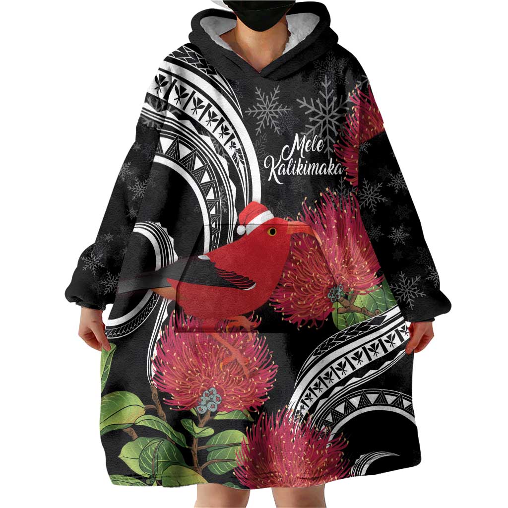 Personalized Mele Kalikimaka Hawaii Wearable Blanket Hoodie I'iwi Bird With Ohia Lehua - Black Color LT14 - Polynesian Pride
