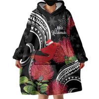 Personalized Mele Kalikimaka Hawaii Wearable Blanket Hoodie I'iwi Bird With Ohia Lehua - Black Color LT14 - Polynesian Pride