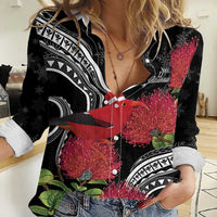 Personalized Mele Kalikimaka Hawaii Women Casual Shirt I'iwi Bird With Ohia Lehua - Black Color LT14 Female Black - Polynesian Pride