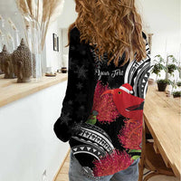 Personalized Mele Kalikimaka Hawaii Women Casual Shirt I'iwi Bird With Ohia Lehua - Black Color LT14 - Polynesian Pride