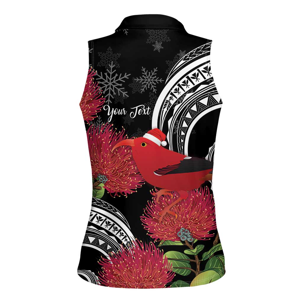 Personalized Mele Kalikimaka Hawaii Women Sleeveless Polo Shirt I'iwi Bird With Ohia Lehua - Black Color LT14 - Polynesian Pride