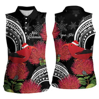Personalized Mele Kalikimaka Hawaii Women Sleeveless Polo Shirt I'iwi Bird With Ohia Lehua - Black Color LT14 - Polynesian Pride