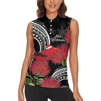 Personalized Mele Kalikimaka Hawaii Women Sleeveless Polo Shirt I'iwi Bird With Ohia Lehua - Black Color LT14 - Polynesian Pride