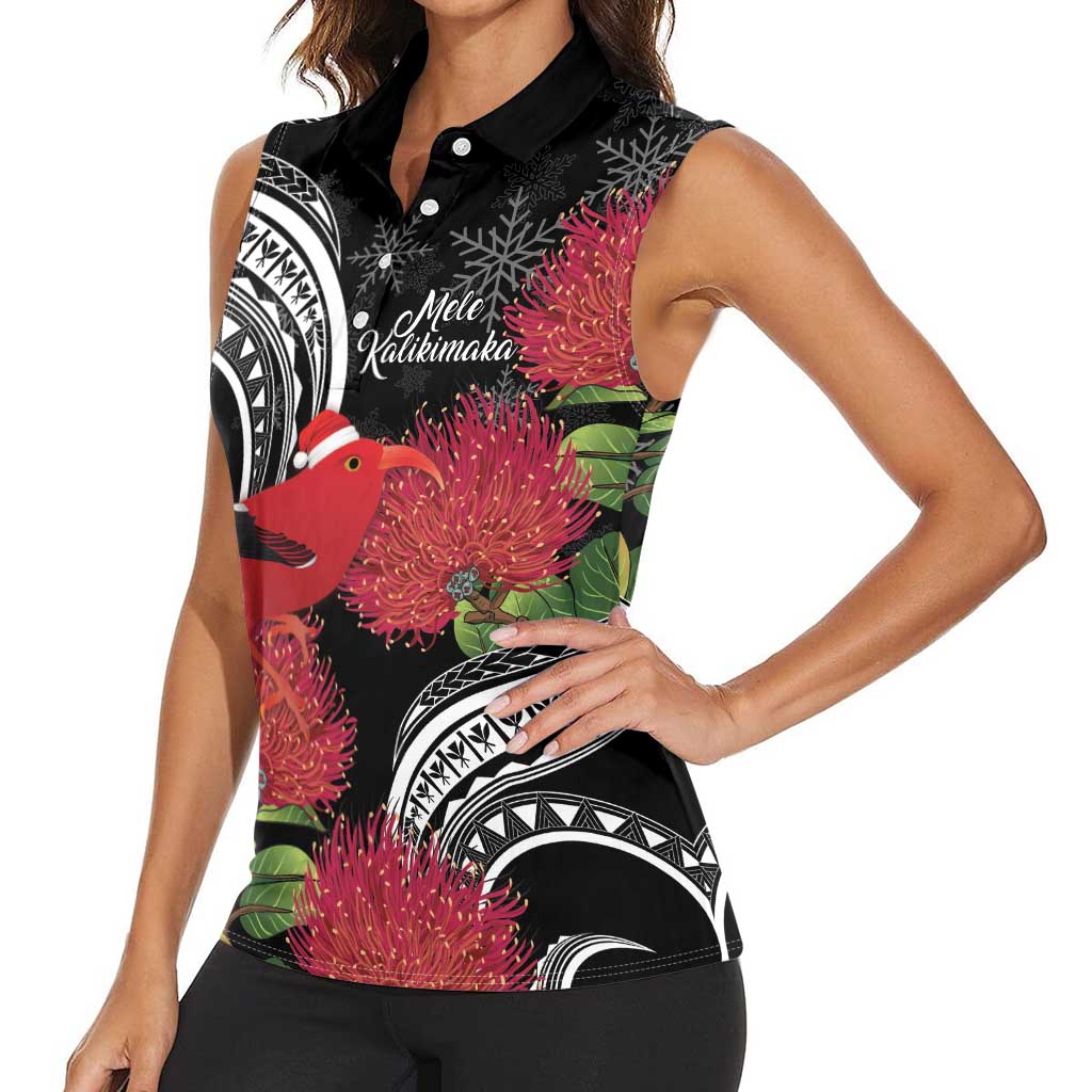 Personalized Mele Kalikimaka Hawaii Women Sleeveless Polo Shirt I'iwi Bird With Ohia Lehua - Black Color LT14 - Polynesian Pride