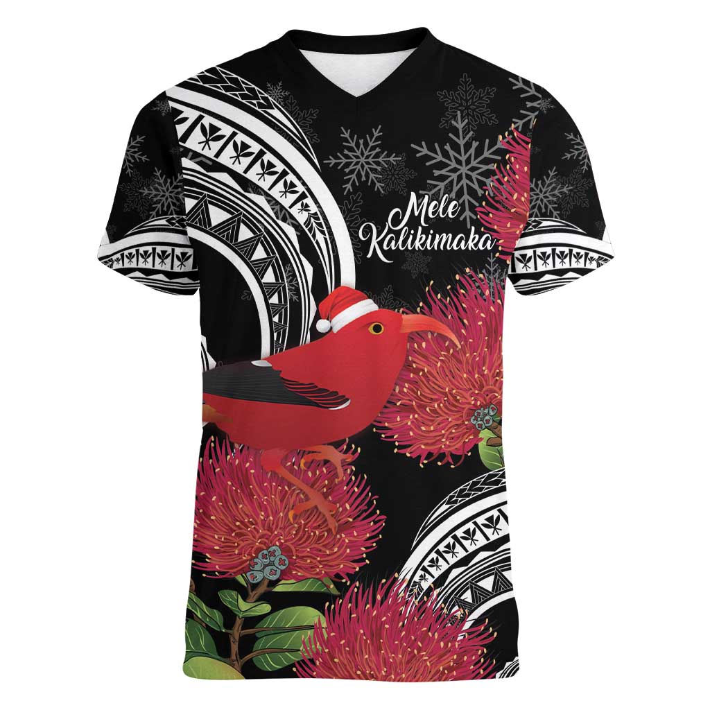 Personalized Mele Kalikimaka Hawaii Women V-Neck T-Shirt I'iwi Bird With Ohia Lehua - Black Color LT14 Female Black - Polynesian Pride