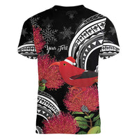 Personalized Mele Kalikimaka Hawaii Women V-Neck T-Shirt I'iwi Bird With Ohia Lehua - Black Color LT14 - Polynesian Pride