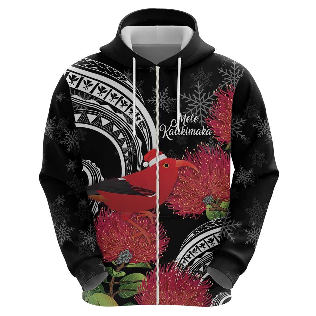 Personalized Mele Kalikimaka Hawaii Zip Hoodie I'iwi Bird With Ohia Lehua - Black Color LT14 - Polynesian Pride
