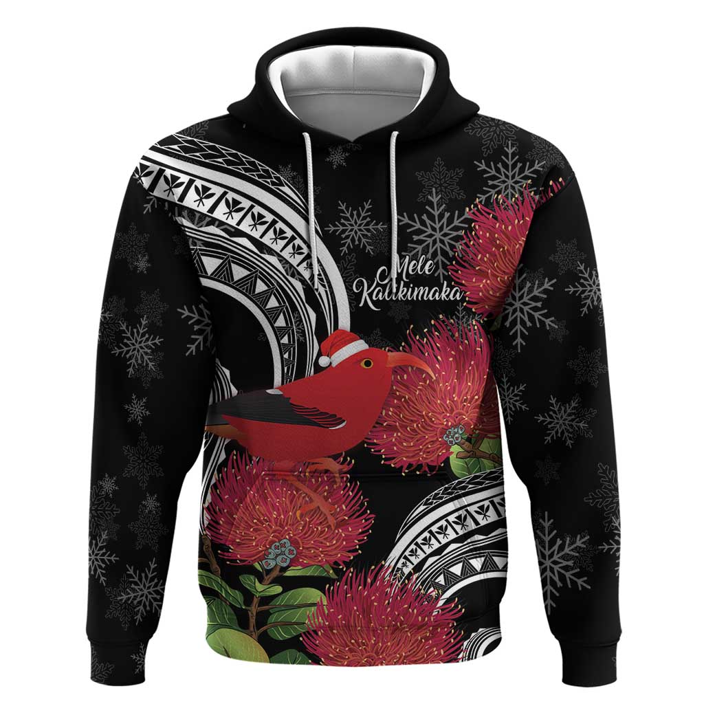 Personalized Mele Kalikimaka Hawaii Zip Hoodie I'iwi Bird With Ohia Lehua - Black Color LT14 Pullover Hoodie Black - Polynesian Pride