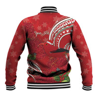 Personalized Mele Kalikimaka Hawaii Baseball Jacket I'iwi Bird With Ohia Lehua - Red Color