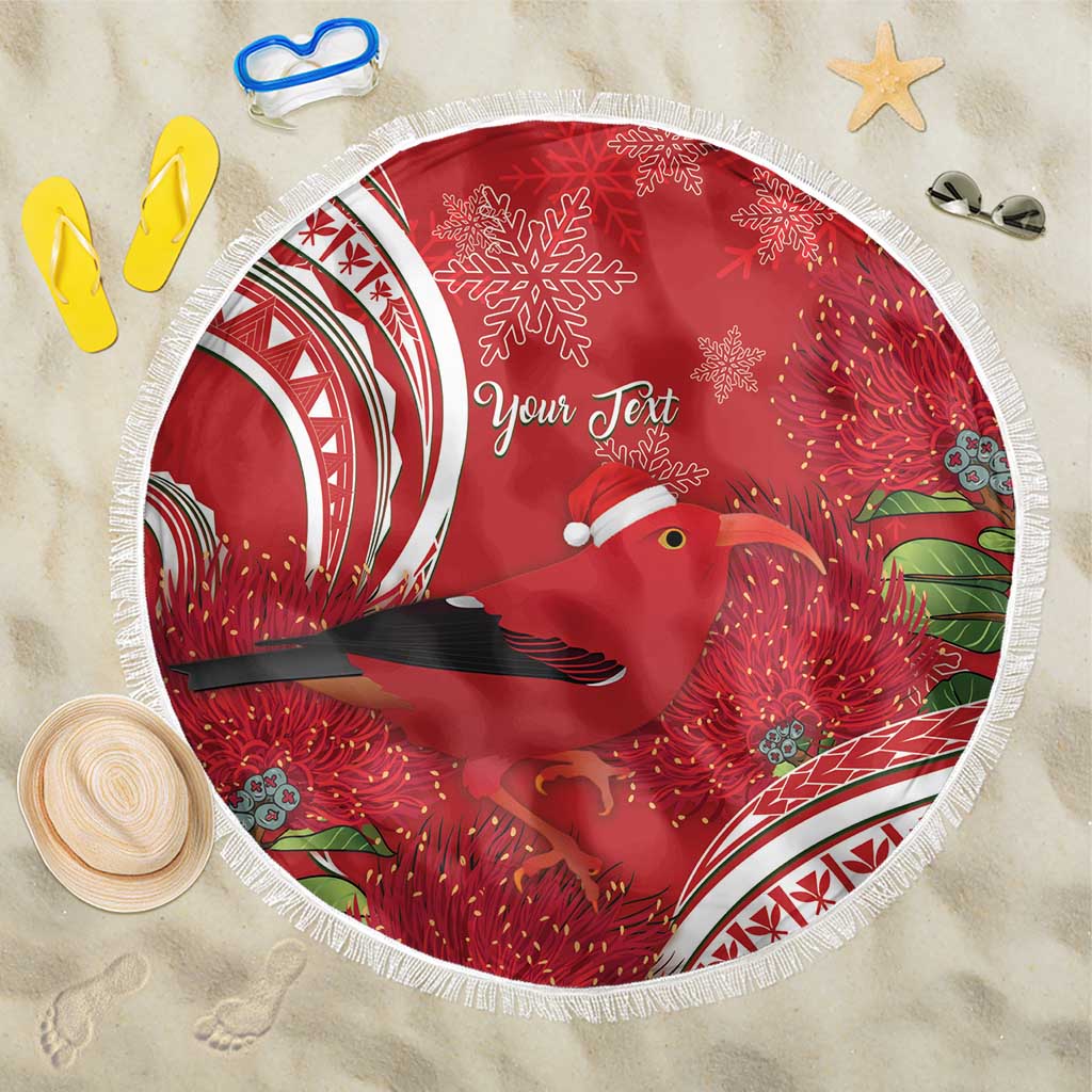 Personalized Mele Kalikimaka Hawaii Beach Blanket I'iwi Bird With Ohia Lehua - Red Color LT14 One Size 150cm Red - Polynesian Pride