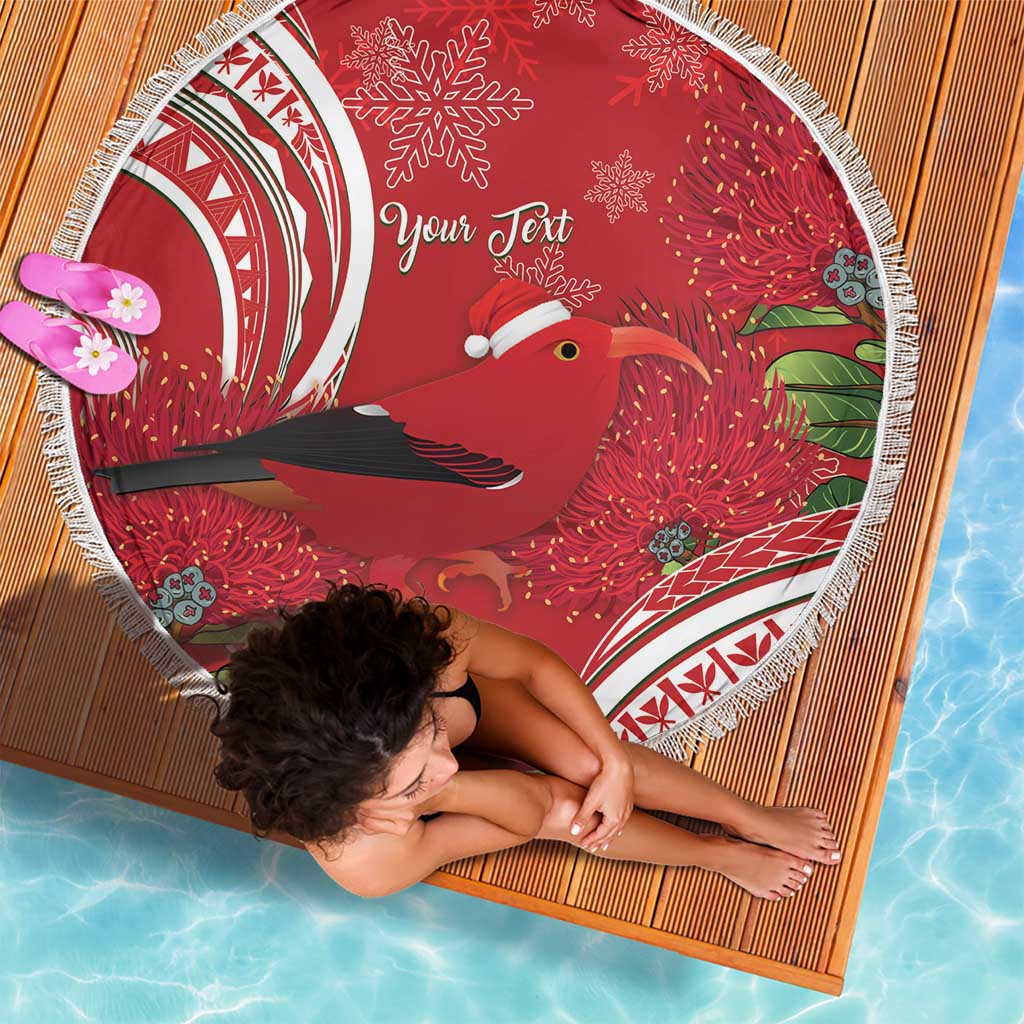Personalized Mele Kalikimaka Hawaii Beach Blanket I'iwi Bird With Ohia Lehua - Red Color LT14 - Polynesian Pride