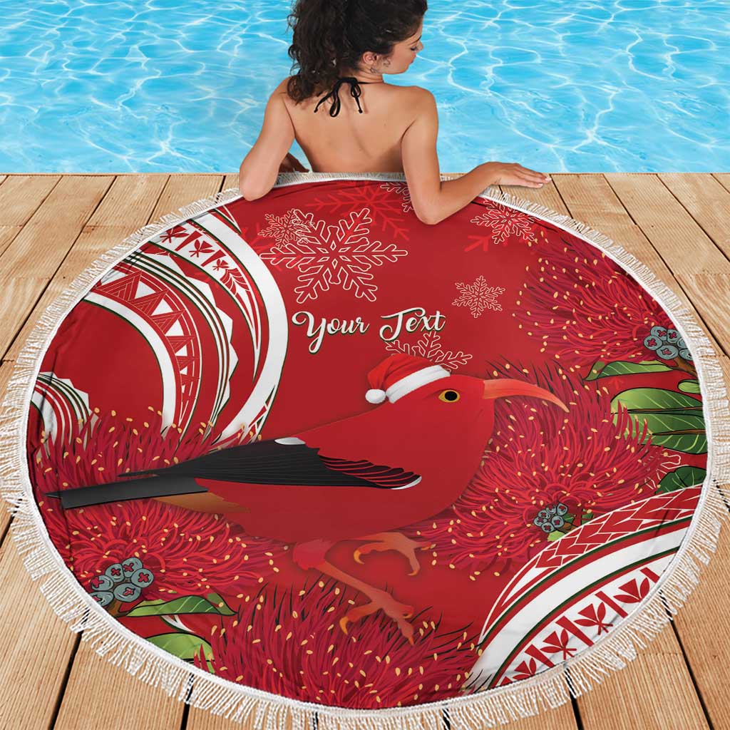 Personalized Mele Kalikimaka Hawaii Beach Blanket I'iwi Bird With Ohia Lehua - Red Color LT14 - Polynesian Pride