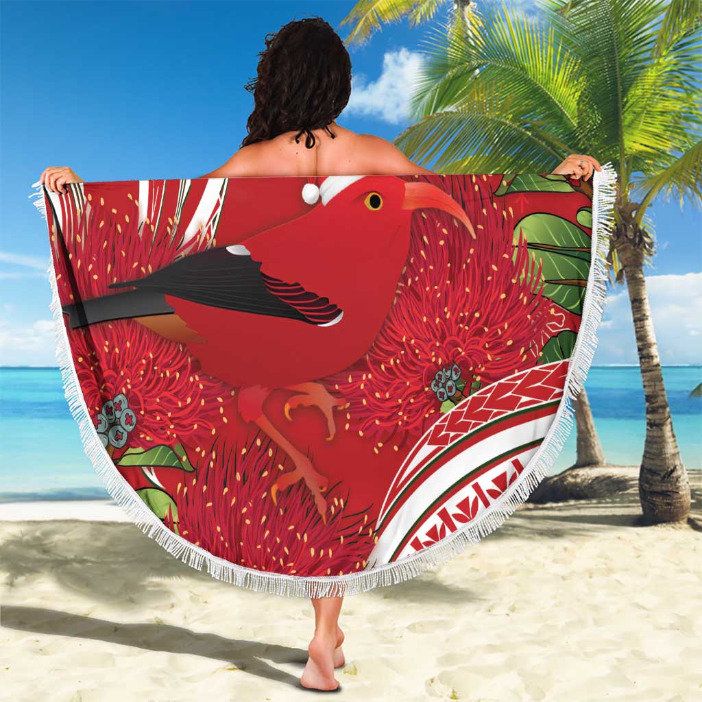 Personalized Mele Kalikimaka Hawaii Beach Blanket I'iwi Bird With Ohia Lehua - Red Color LT14 - Polynesian Pride
