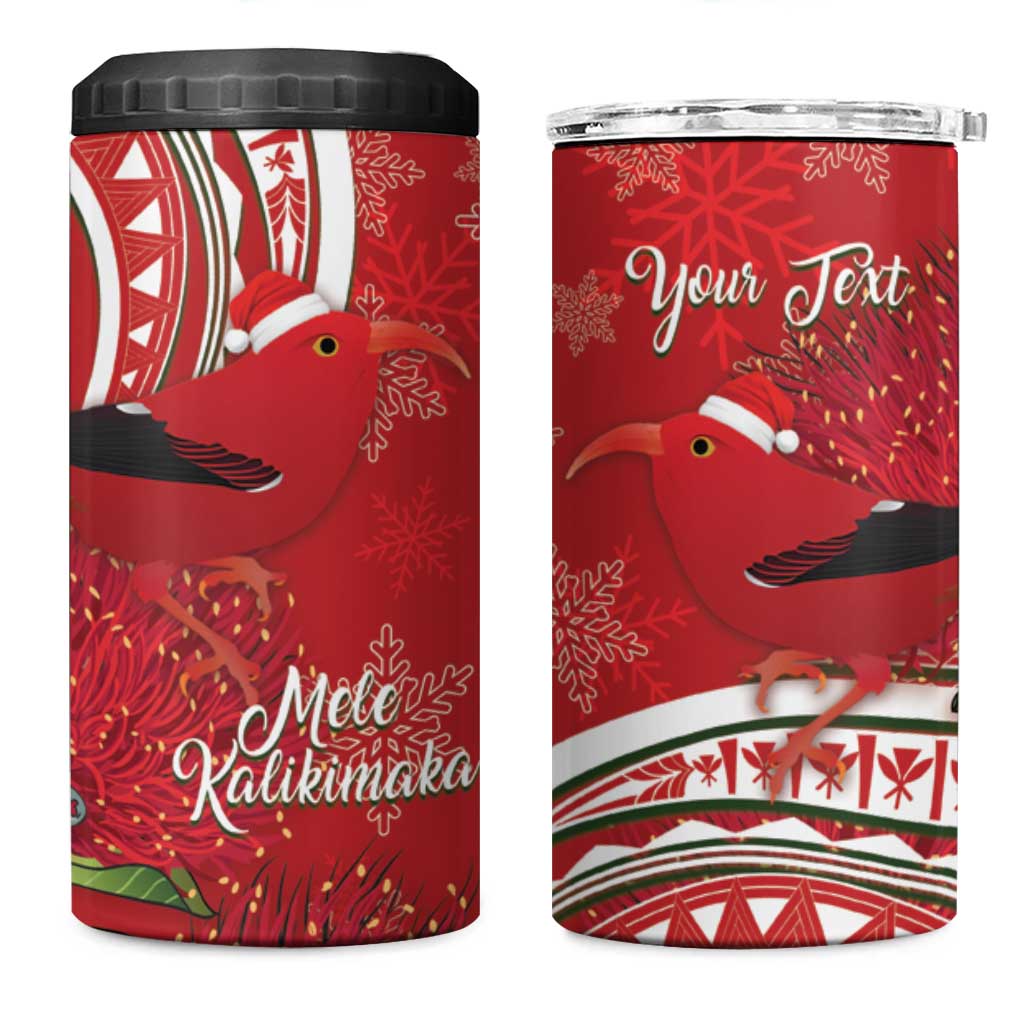 Personalized Mele Kalikimaka Hawaii 4 in 1 Can Cooler Tumbler I'iwi Bird With Ohia Lehua - Red Color LT14 One Size: 16 oz Red - Polynesian Pride