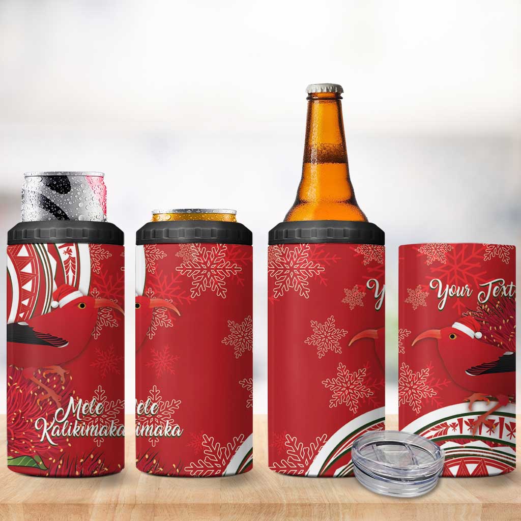 Personalized Mele Kalikimaka Hawaii 4 in 1 Can Cooler Tumbler I'iwi Bird With Ohia Lehua - Red Color LT14 - Polynesian Pride