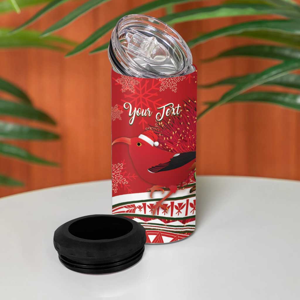 Personalized Mele Kalikimaka Hawaii 4 in 1 Can Cooler Tumbler I'iwi Bird With Ohia Lehua - Red Color LT14 - Polynesian Pride