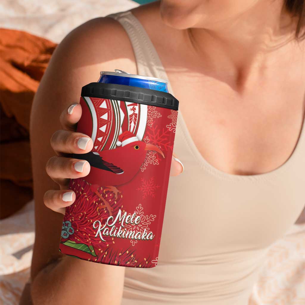 Personalized Mele Kalikimaka Hawaii 4 in 1 Can Cooler Tumbler I'iwi Bird With Ohia Lehua - Red Color LT14 - Polynesian Pride