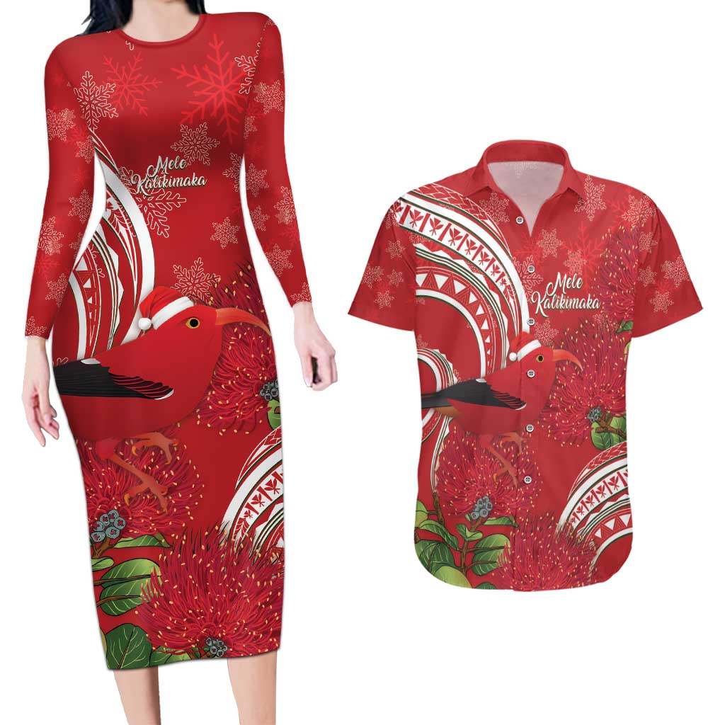Personalized Mele Kalikimaka Hawaii Couples Matching Long Sleeve Bodycon Dress and Hawaiian Shirt I'iwi Bird With Ohia Lehua - Red Color LT14 Red - Polynesian Pride