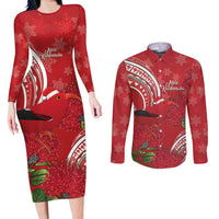 Personalized Mele Kalikimaka Hawaii Couples Matching Long Sleeve Bodycon Dress and Long Sleeve Button Shirt I'iwi Bird With Ohia Lehua - Red Color LT14 Red - Polynesian Pride
