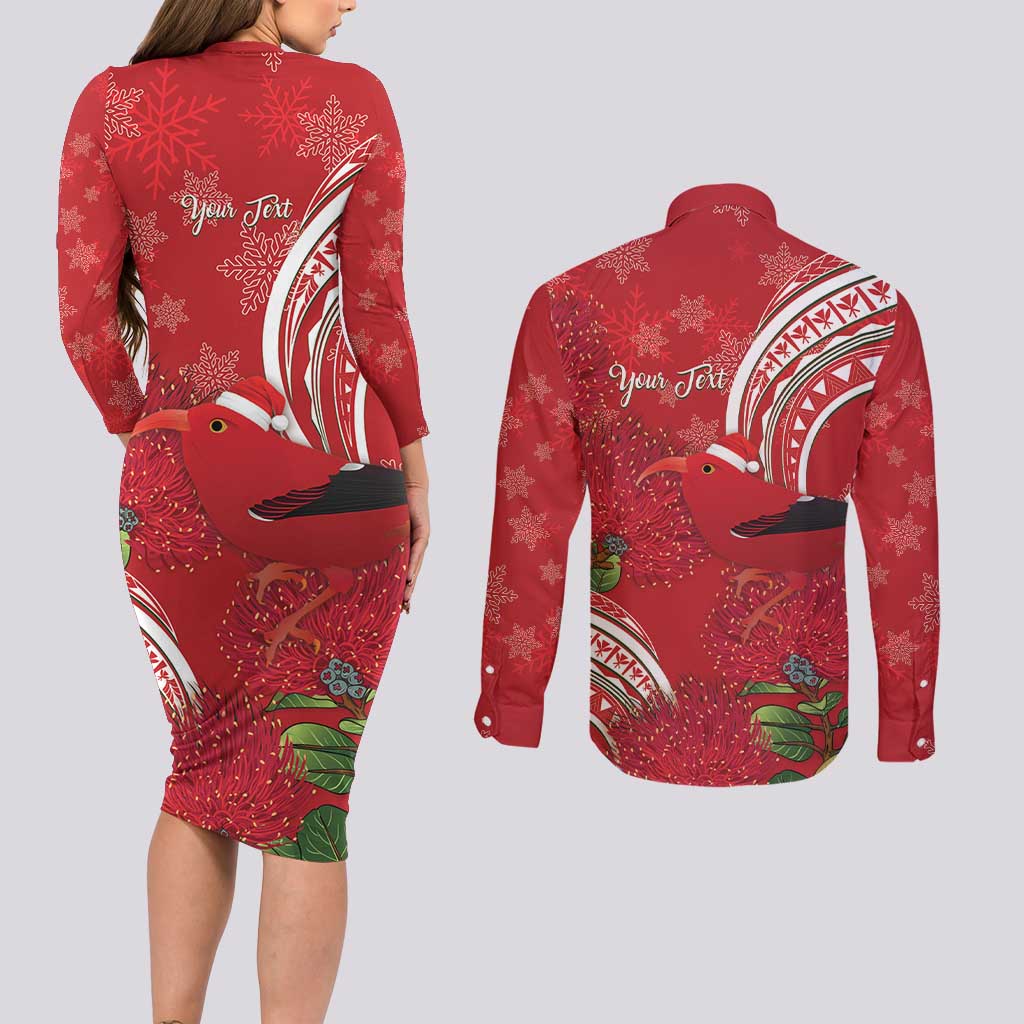 Personalized Mele Kalikimaka Hawaii Couples Matching Long Sleeve Bodycon Dress and Long Sleeve Button Shirt I'iwi Bird With Ohia Lehua - Red Color LT14 - Polynesian Pride