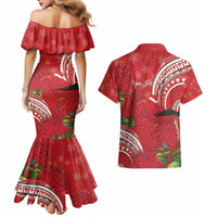 Personalized Mele Kalikimaka Hawaii Couples Matching Mermaid Dress and Hawaiian Shirt I'iwi Bird With Ohia Lehua - Red Color LT14 - Polynesian Pride