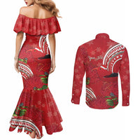Personalized Mele Kalikimaka Hawaii Couples Matching Mermaid Dress and Long Sleeve Button Shirt I'iwi Bird With Ohia Lehua - Red Color LT14 - Polynesian Pride
