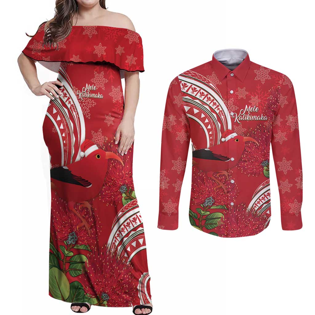 Personalized Mele Kalikimaka Hawaii Couples Matching Off Shoulder Maxi Dress and Long Sleeve Button Shirt I'iwi Bird With Ohia Lehua - Red Color LT14 Red - Polynesian Pride