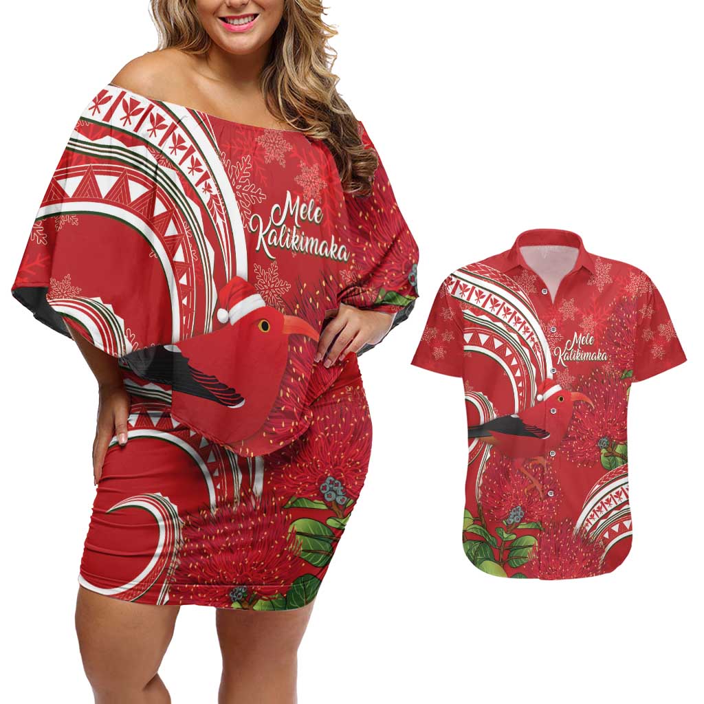 Personalized Mele Kalikimaka Hawaii Couples Matching Off Shoulder Short Dress and Hawaiian Shirt I'iwi Bird With Ohia Lehua - Red Color LT14 Red - Polynesian Pride