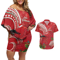 Personalized Mele Kalikimaka Hawaii Couples Matching Off Shoulder Short Dress and Hawaiian Shirt I'iwi Bird With Ohia Lehua - Red Color LT14 Red - Polynesian Pride