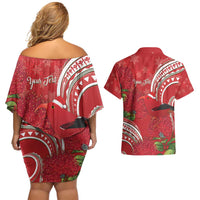 Personalized Mele Kalikimaka Hawaii Couples Matching Off Shoulder Short Dress and Hawaiian Shirt I'iwi Bird With Ohia Lehua - Red Color LT14 - Polynesian Pride